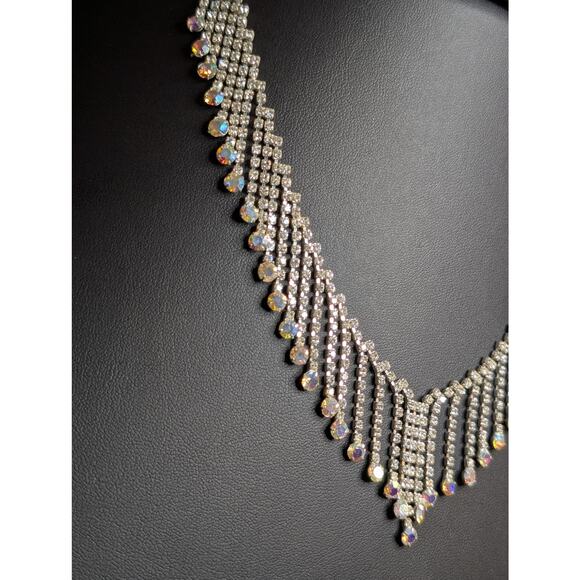 Rhinestone AB Crystal Fringe Dangle Silver Tone 17"-18" Necklace - Picture 5 of 10